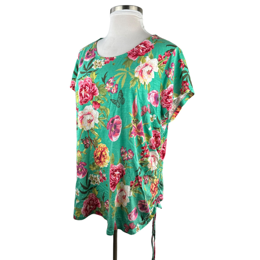 ✨2/$20 Belle Kim Gravel Slub Knit Side Ruched Top Full Bloom Floral Plus Size 4X - Picture 15 of 15